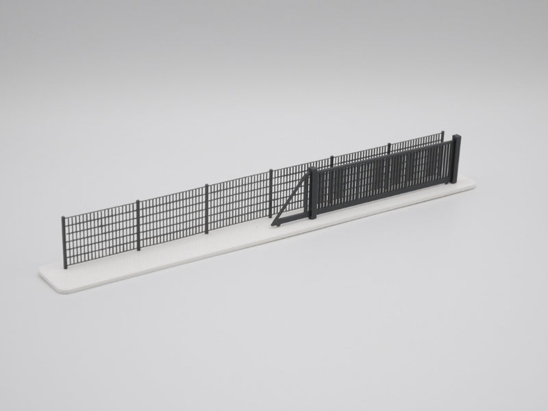 H0 Stahlmattenzaun, Industriezaun, Metallzaun - Anthrazit - Gesamtlänge 100 cm - Set mit Schiebetor