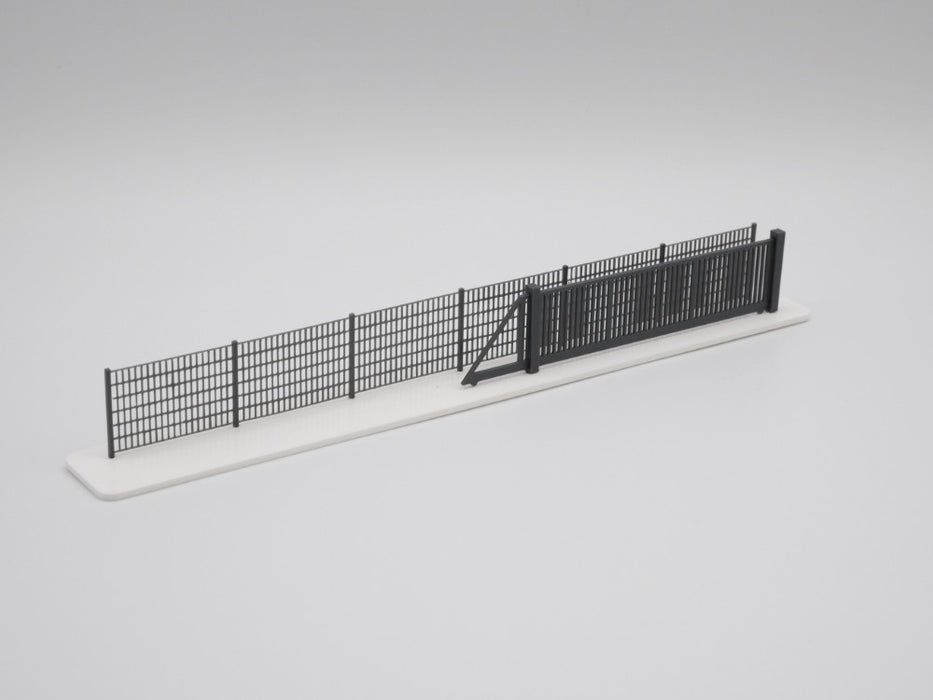 H0 Stahlmattenzaun, Industriezaun, Metallzaun - Anthrazit - Gesamtlänge 100 cm - Set mit Schiebetor