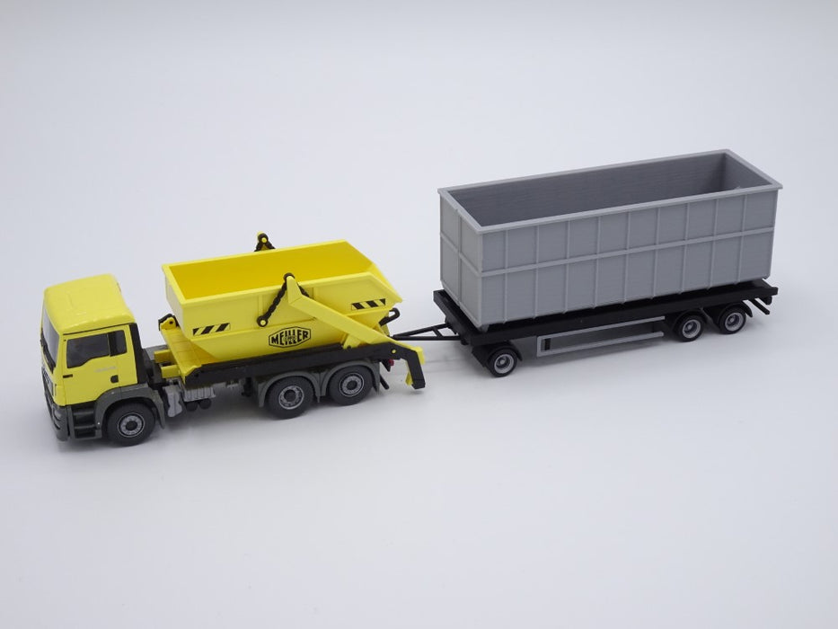 H0 Anhänger - 3achsig - Abrollmulden - Abrollcontainer - Tieflader - Farbe schwarz - Bausatz